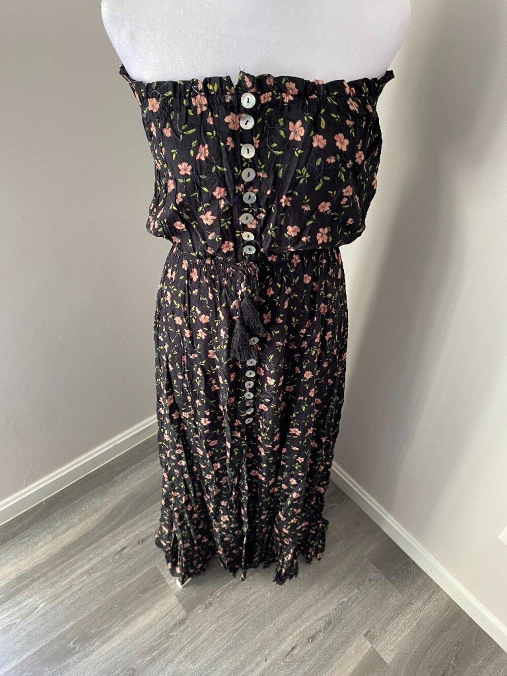 Black Floral Strapless Maxi Dress